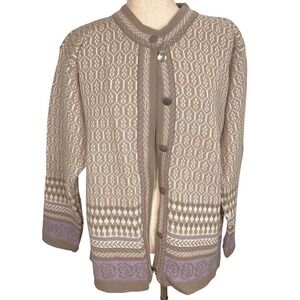 Fosse Norway Cardigan Women XLarge Lavender Taupe Geometric Wool Knit Sweater